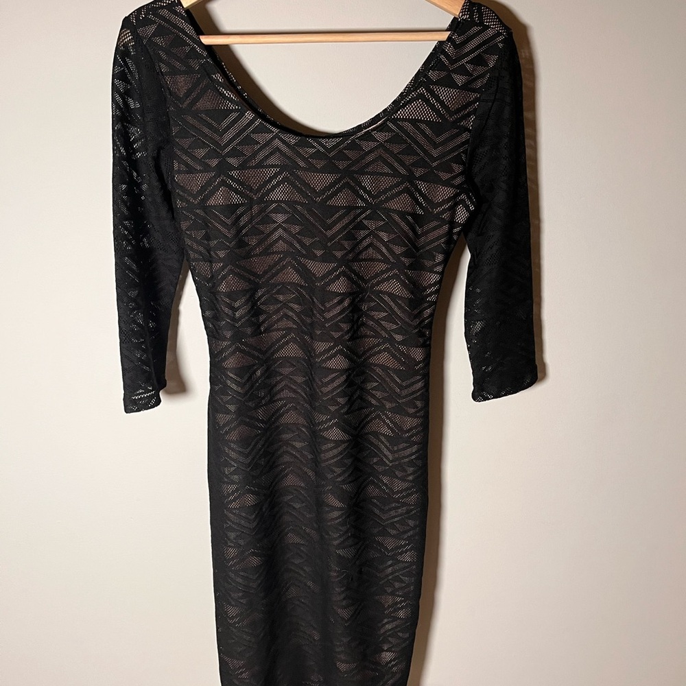 Xhilaration Black Geometric Lace Bodycon Dress Tan Lining 3/4 Sleeve Medium